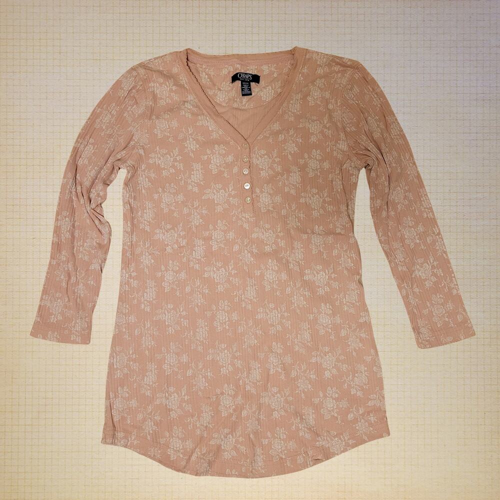 Chaps Floral Henley Tunic Top Pink Long Sleeve Ribbed Knit Boho Casual Women S